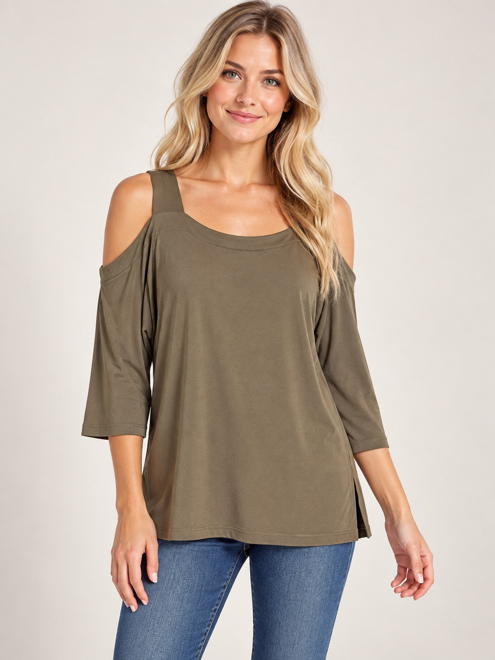 2/$30 Chico's Olive Cold Shoulder Stretch Top XL #A4915